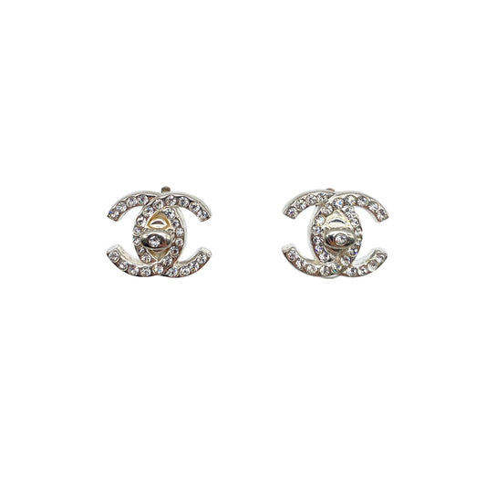 CHANEL VINTAGE EARRINGS TURN LOCK RHINESTONE SILVER ACCESSORY 97P 90274884