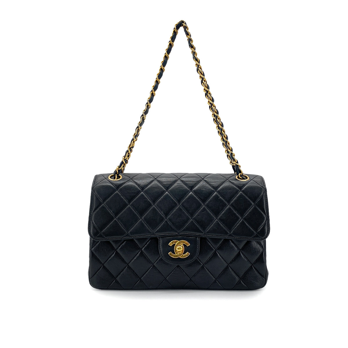 CHANEL VINTAGE  W FACE CHAIN SHOULDER BAG BLACK LAMB SKIN 90275019