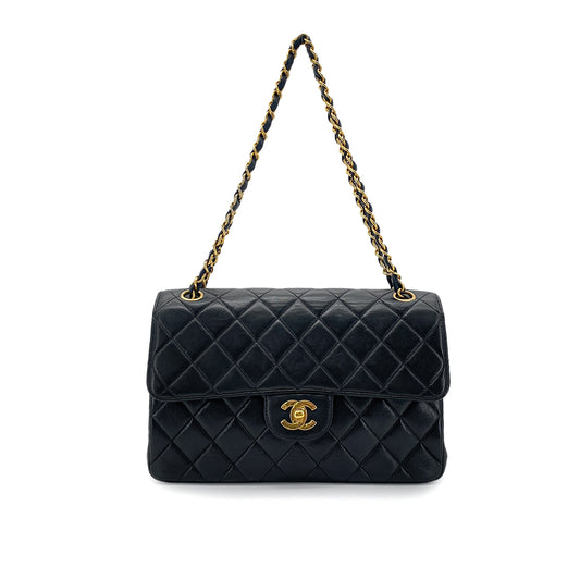 CHANEL VINTAGE  W FACE CHAIN SHOULDER BAG BLACK LAMB SKIN 90275019