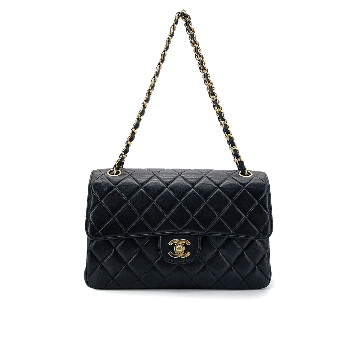 CHANEL VINTAGE  W FACE CHAIN SHOULDER BAG BLACK LAMB SKIN 90275019