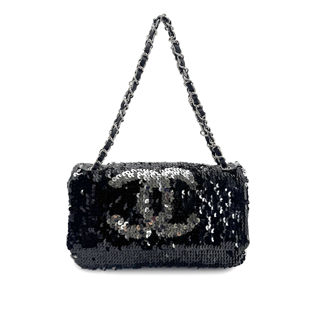 CHANEL VINTAGE CHAIN SHOULDER BAG BLACK SEQUINS LEATHER 90275021