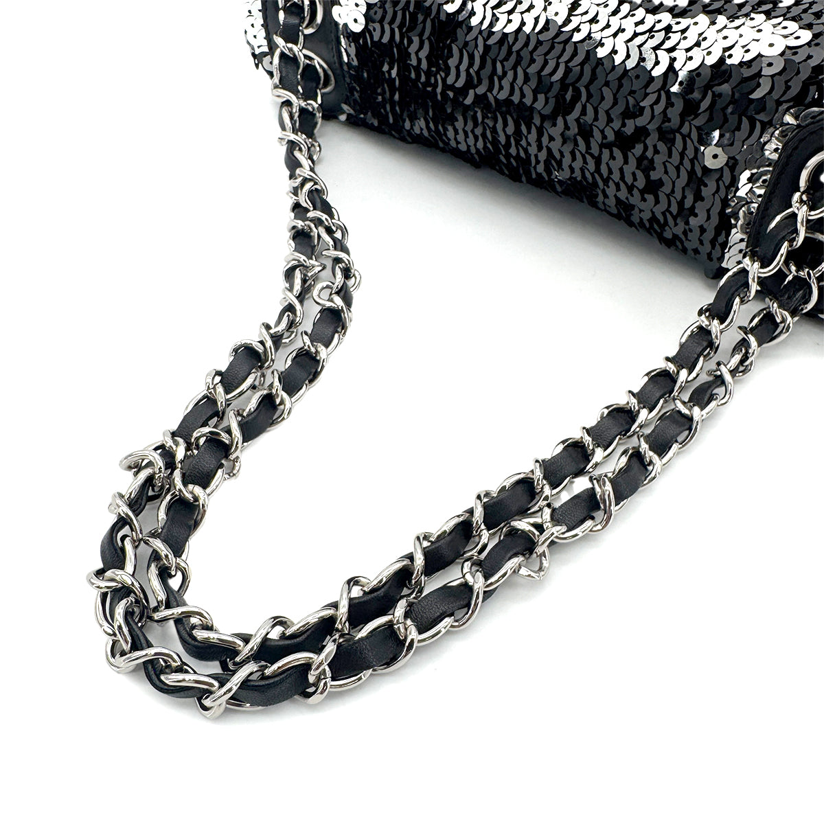 CHANEL VINTAGE CHAIN SHOULDER BAG BLACK SEQUINS LEATHER 90275021