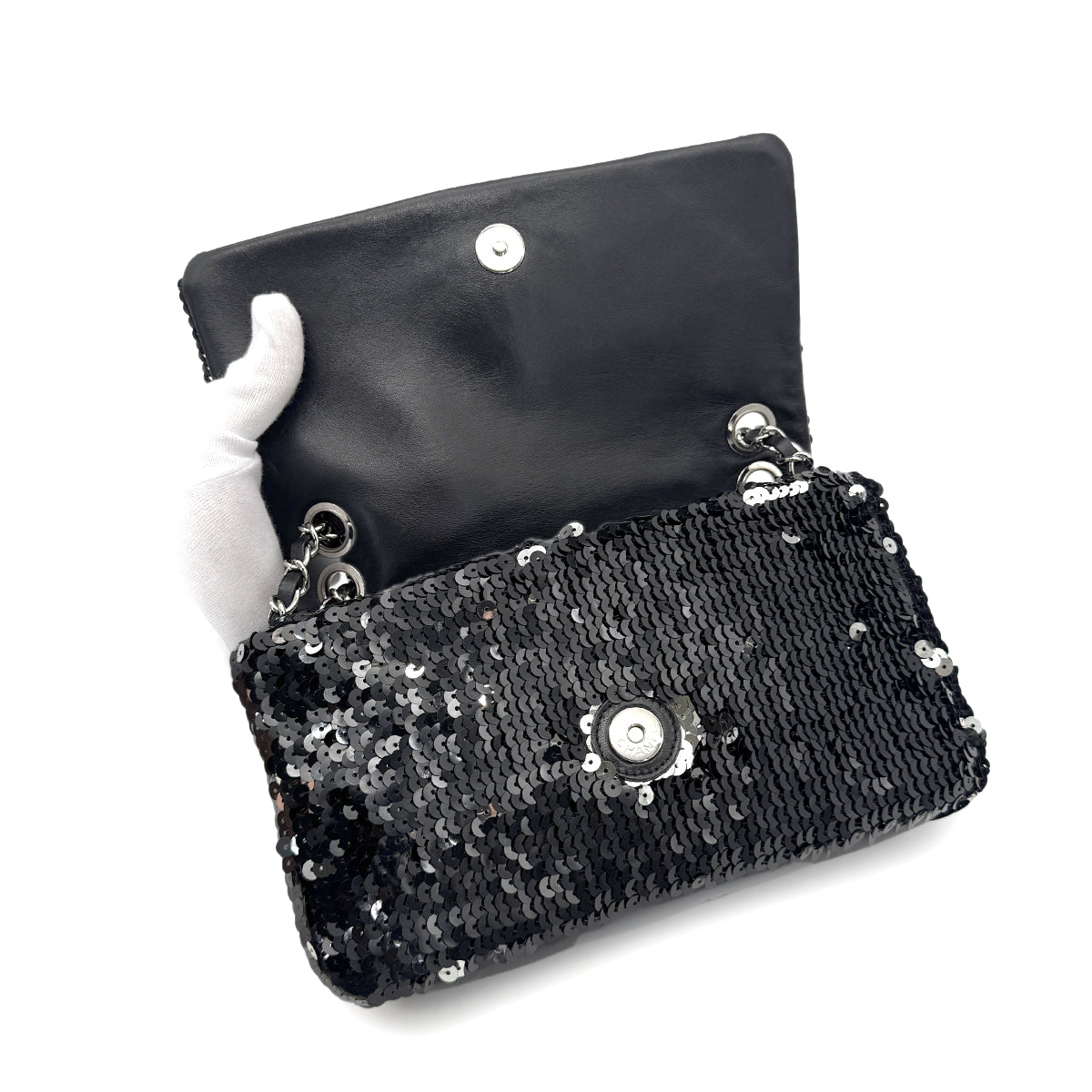 CHANEL VINTAGE CHAIN SHOULDER BAG BLACK SEQUINS LEATHER 90275021