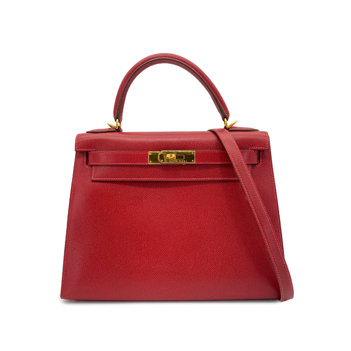 HERMES KELLY 28 SELLIER ROUGE VIF LISSE HAND SHOULDER BAG □G GHW 90275023