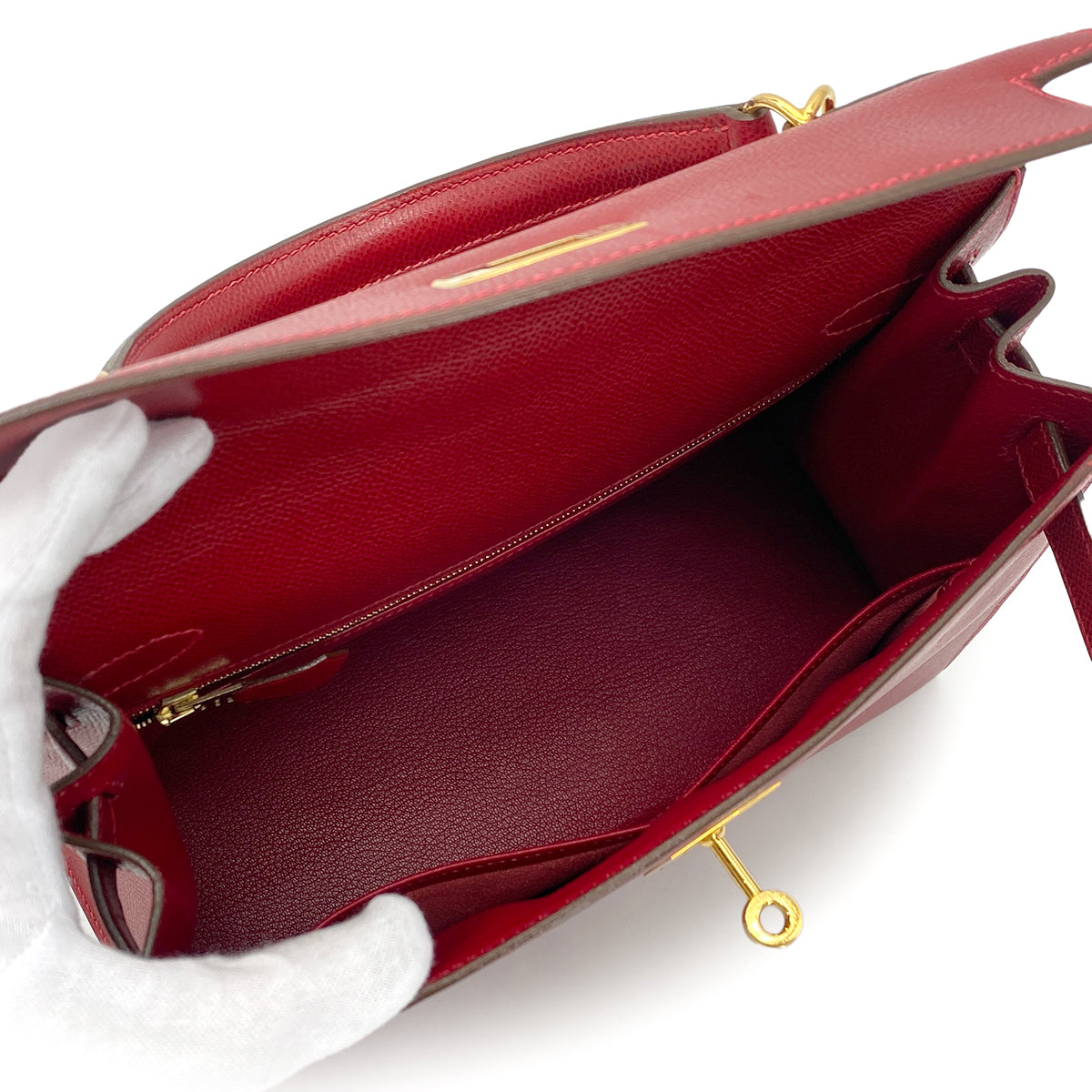 HERMES KELLY 28 SELLIER ROUGE VIF LISSE HAND SHOULDER BAG □G GHW 90275023