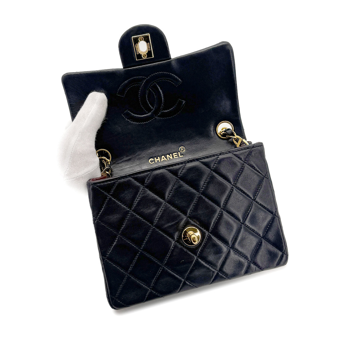 CHANEL VINTAGE MINI SQUARE 17 CHAIN SHOULDER BAG NAVY LAMB SKIN 90275025