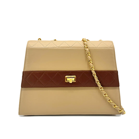 CHANEL VINTAGE MATELASSE CHAIN SHOULDER BAG BEIGE BROWN LAMB SKIN 90275030