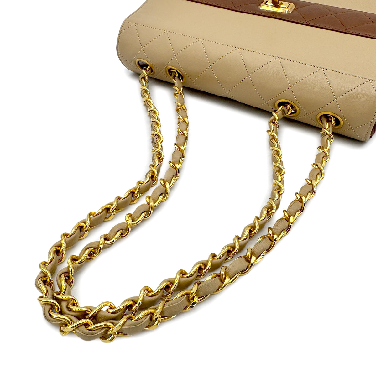 CHANEL VINTAGE MATELASSE CHAIN SHOULDER BAG BEIGE BROWN LAMB SKIN 90275030