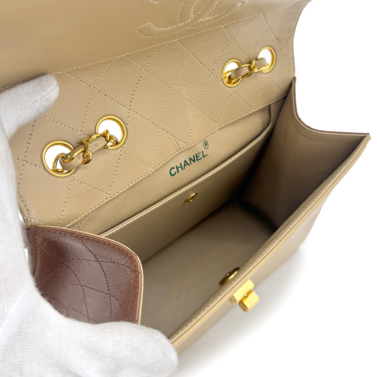 CHANEL VINTAGE MATELASSE CHAIN SHOULDER BAG BEIGE BROWN LAMB SKIN 90275030