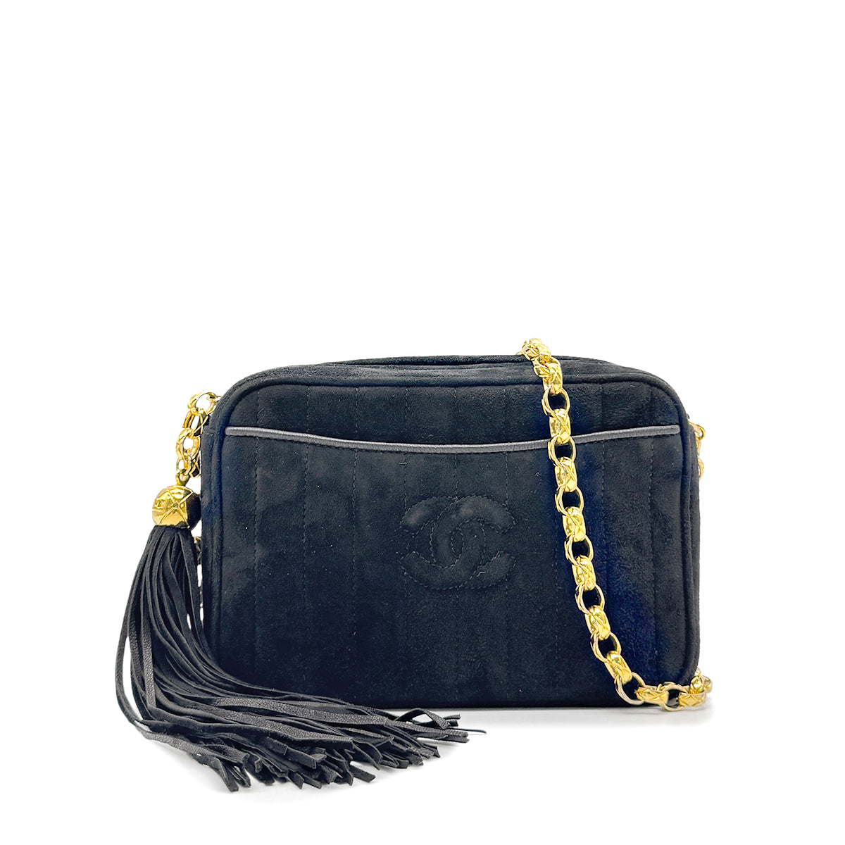CHANEL VINTAGE COCOMARK FRINGE BIJOU CHAIN SHOLDER BAG BLACK SUEDE 90275034