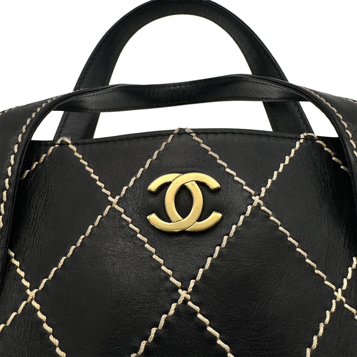 CHANEL VINTAGE WILD STITCH HAND BAG BLACK LEATHER 90275035