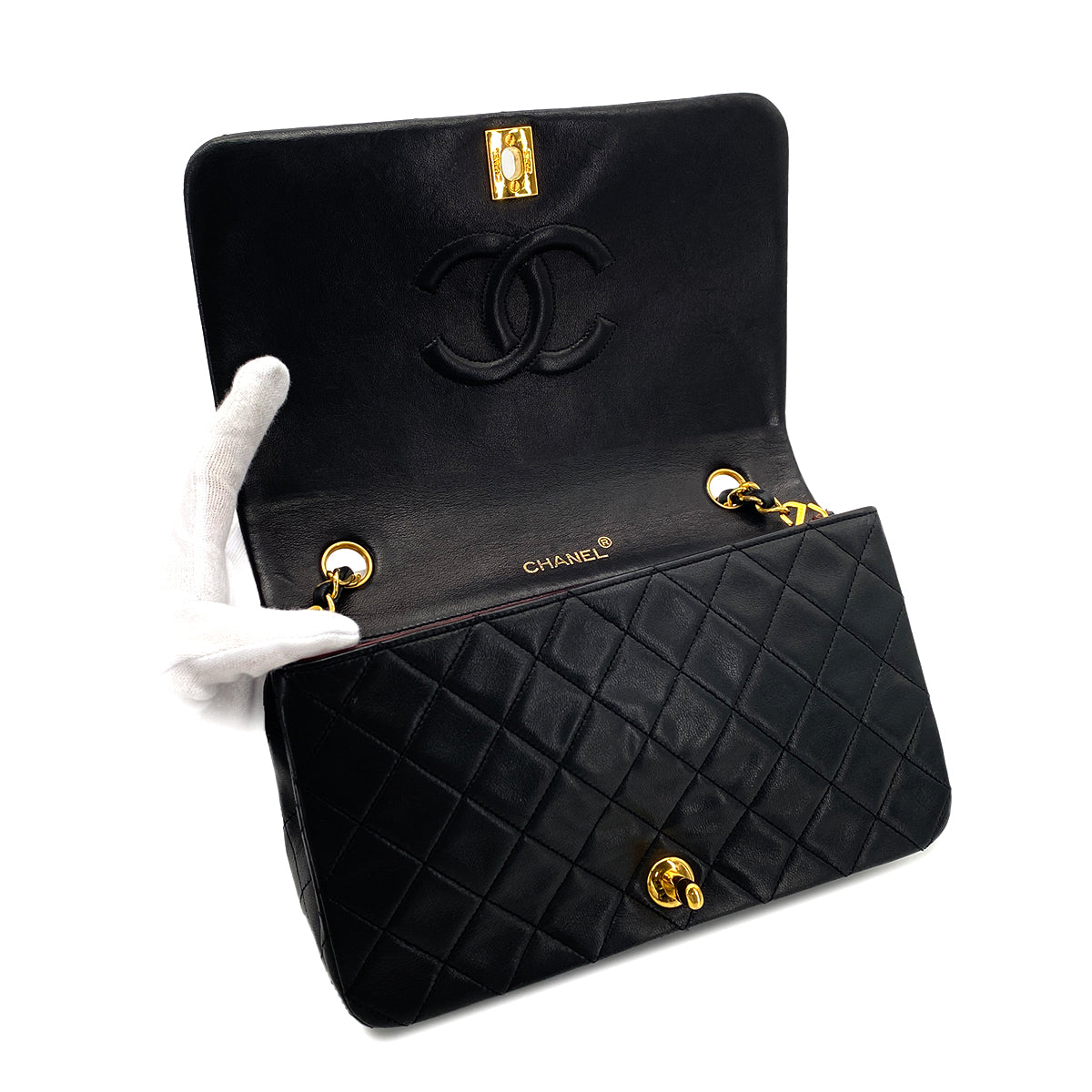 CHANEL VINTAGE FULL FLAP CHAIN SHOULDER BAG BLACK LAMB SKIN 90275036