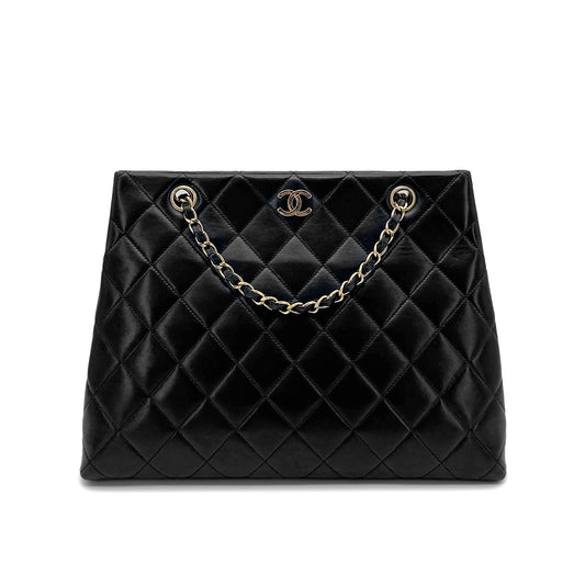 CHANEL VINTAGE MATELASSE CHAIN TOTE BAG BLACK LAMB SKIN 90275037