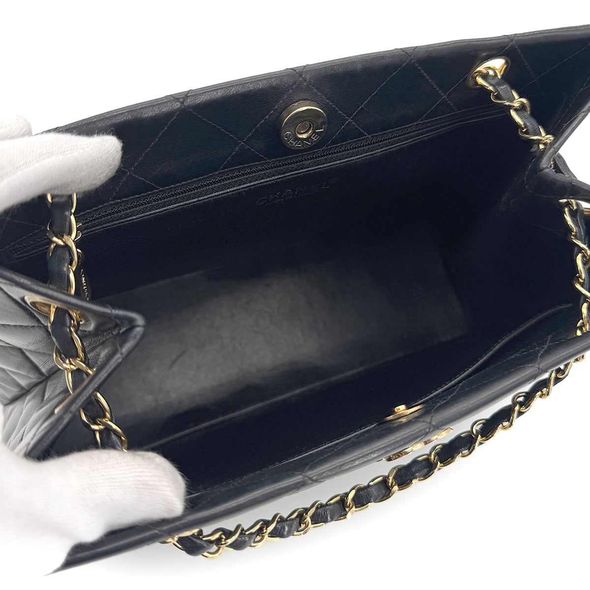 CHANEL VINTAGE MATELASSE CHAIN TOTE BAG BLACK LAMB SKIN 90275037