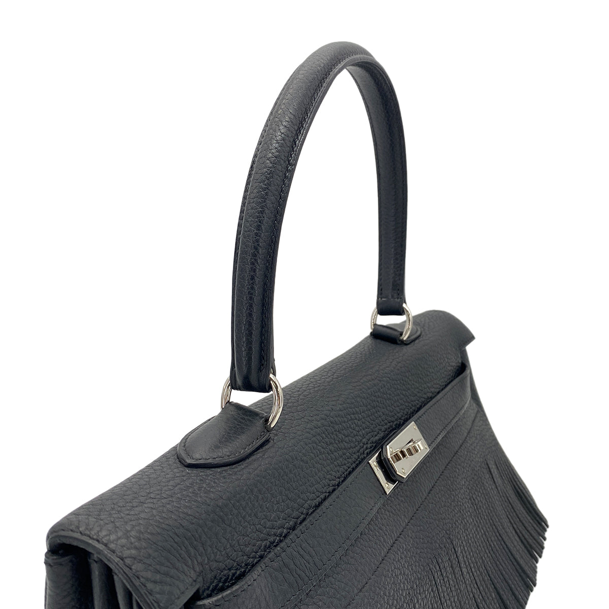 HERMES KELLY FRINGE RETOURNE BLACK TAURILLON CLEMENCE  HAND BAG □M SHW 90275039