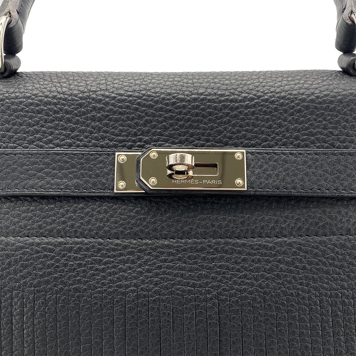 HERMES KELLY FRINGE RETOURNE BLACK TAURILLON CLEMENCE  HAND BAG □M SHW 90275039