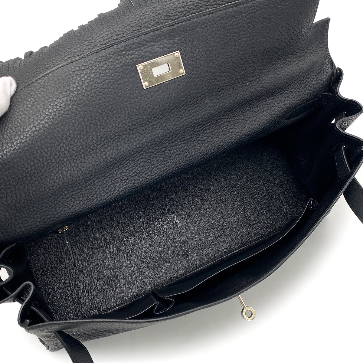 HERMES KELLY FRINGE RETOURNE BLACK TAURILLON CLEMENCE  HAND BAG □M SHW 90275039