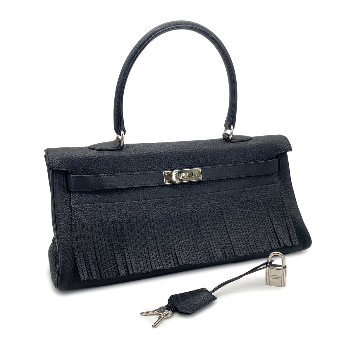 HERMES KELLY FRINGE RETOURNE BLACK TAURILLON CLEMENCE  HAND BAG □M SHW 90275039