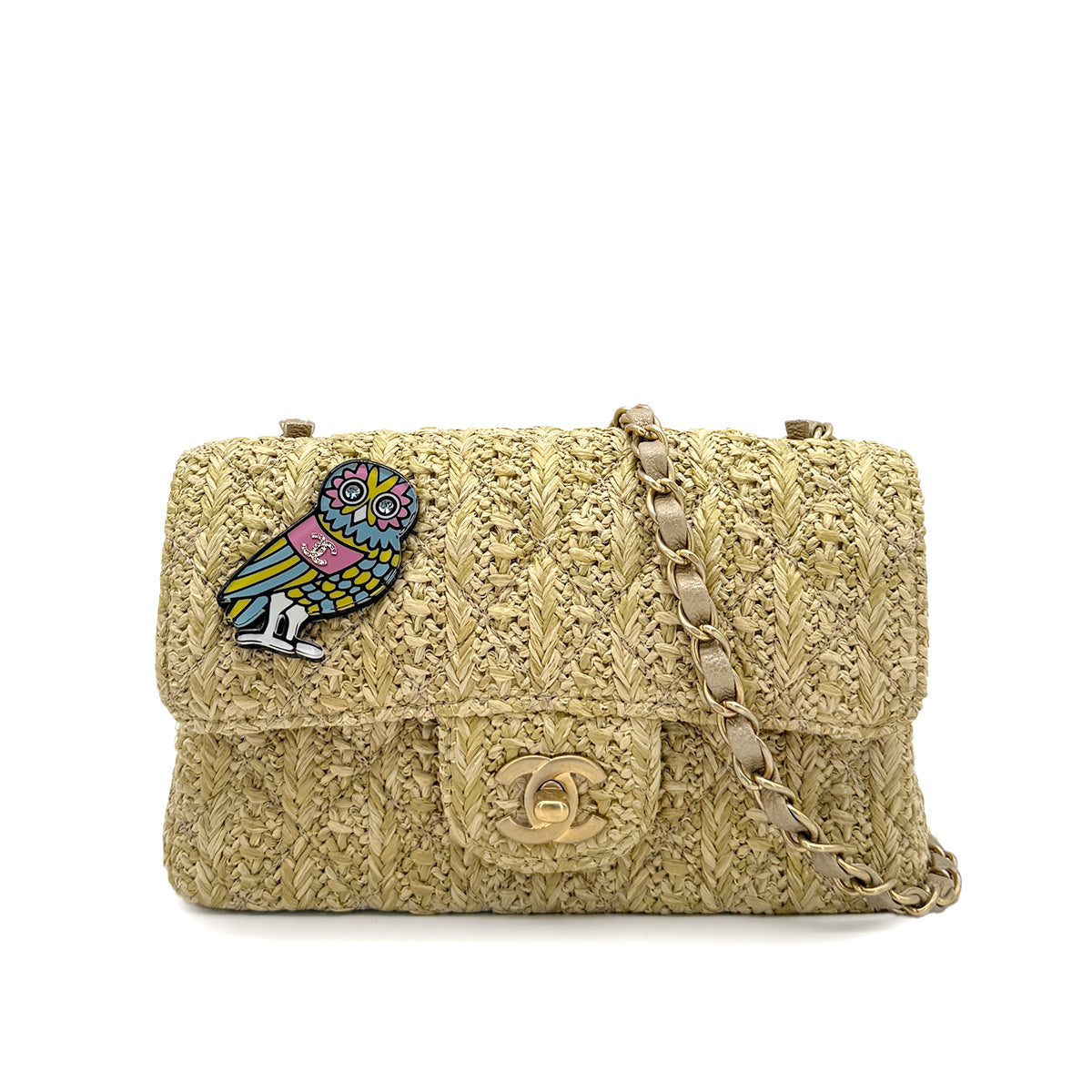 CHANEL MINI MATELASSE OWL CHARM CHAIN SHOULDER BAG  BEIGE RAFIA 90275046