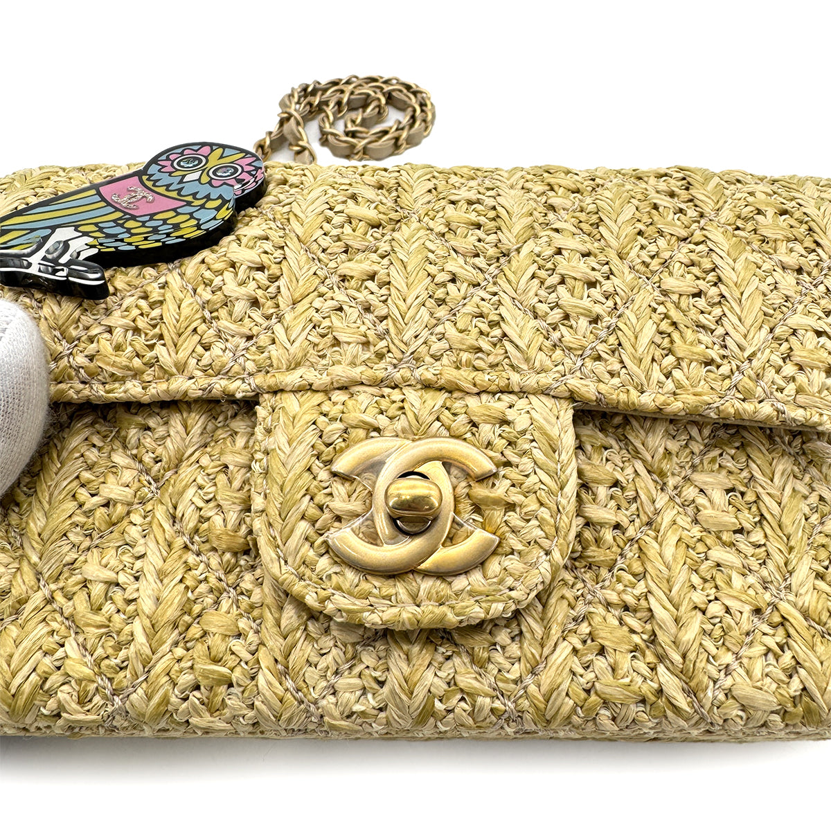 CHANEL MINI MATELASSE OWL CHARM CHAIN SHOULDER BAG  BEIGE RAFIA 90275046