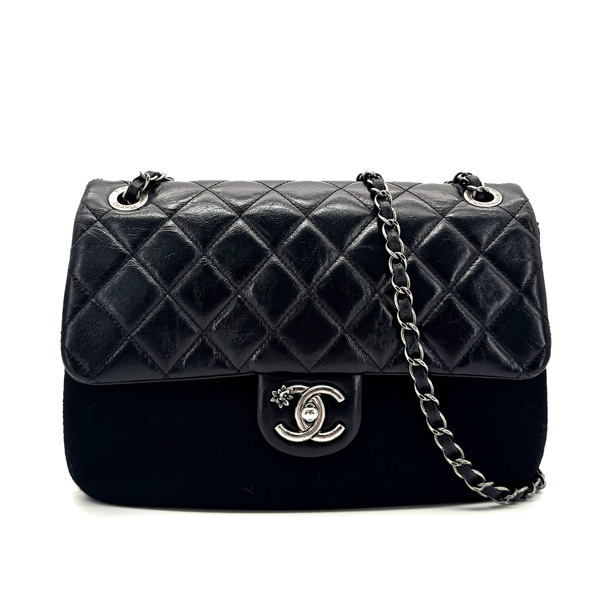 CHANEL MATELASSE CAMELLIA CHAIN SHOULDER BAG BLACK LAMBSKIN FELT 90275134