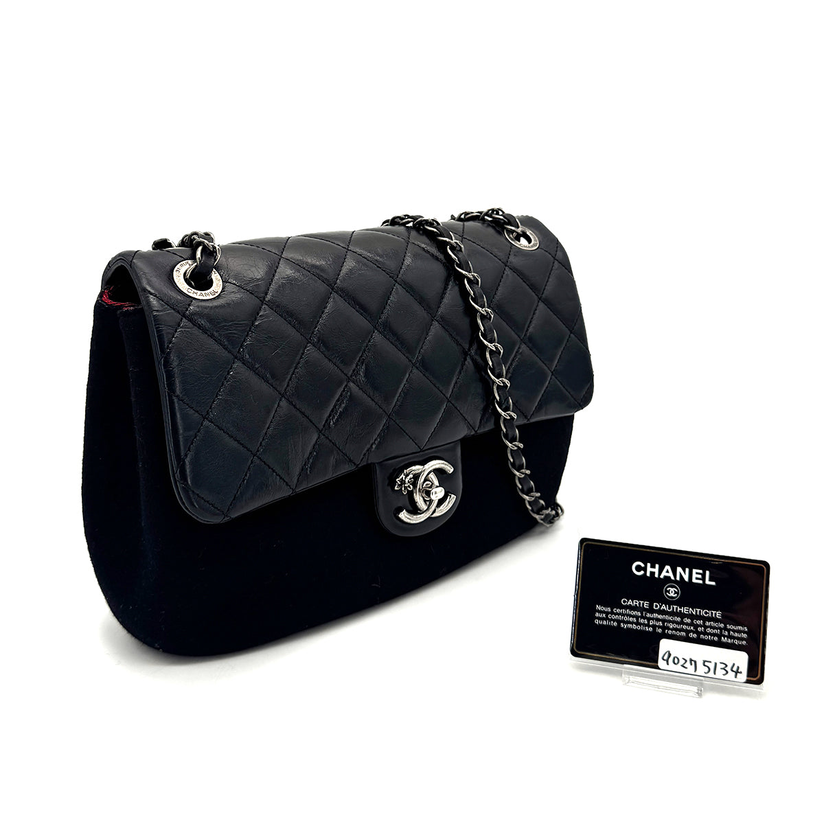 CHANEL MATELASSE CAMELLIA CHAIN SHOULDER BAG BLACK LAMBSKIN FELT 90275134