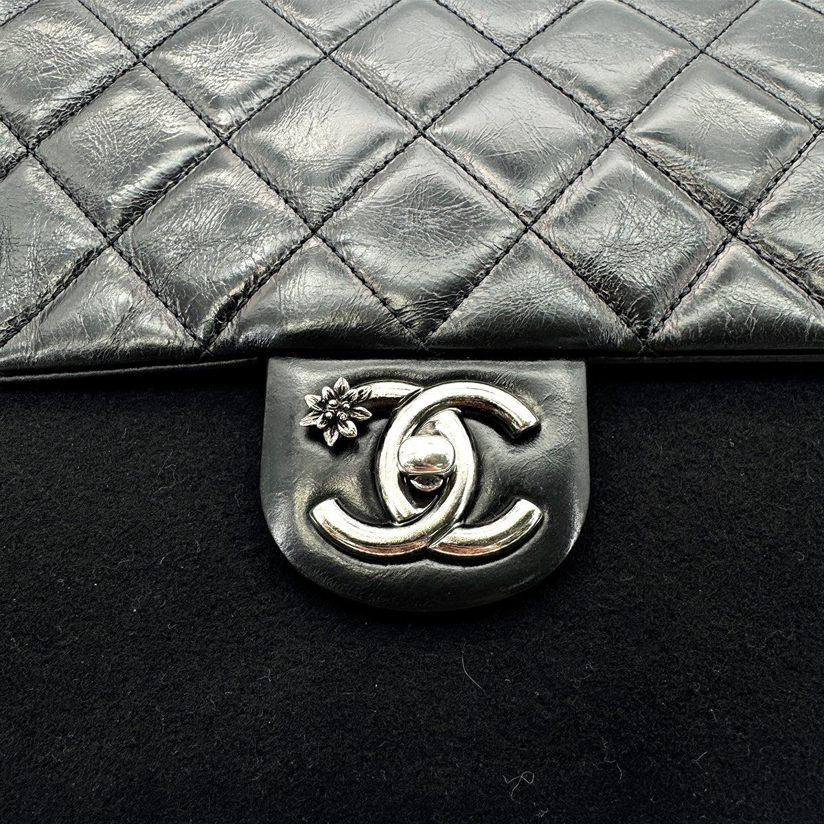 CHANEL MATELASSE CAMELLIA CHAIN SHOULDER BAG BLACK LAMBSKIN FELT 90275134
