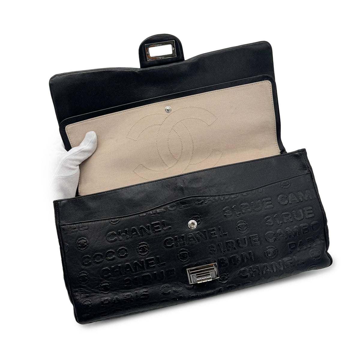 CHANEL VINTAGE 2.55 31 RUE CAMBON LOGO CHAIN SHOULDER BAG BLACK LEATHER 90275136