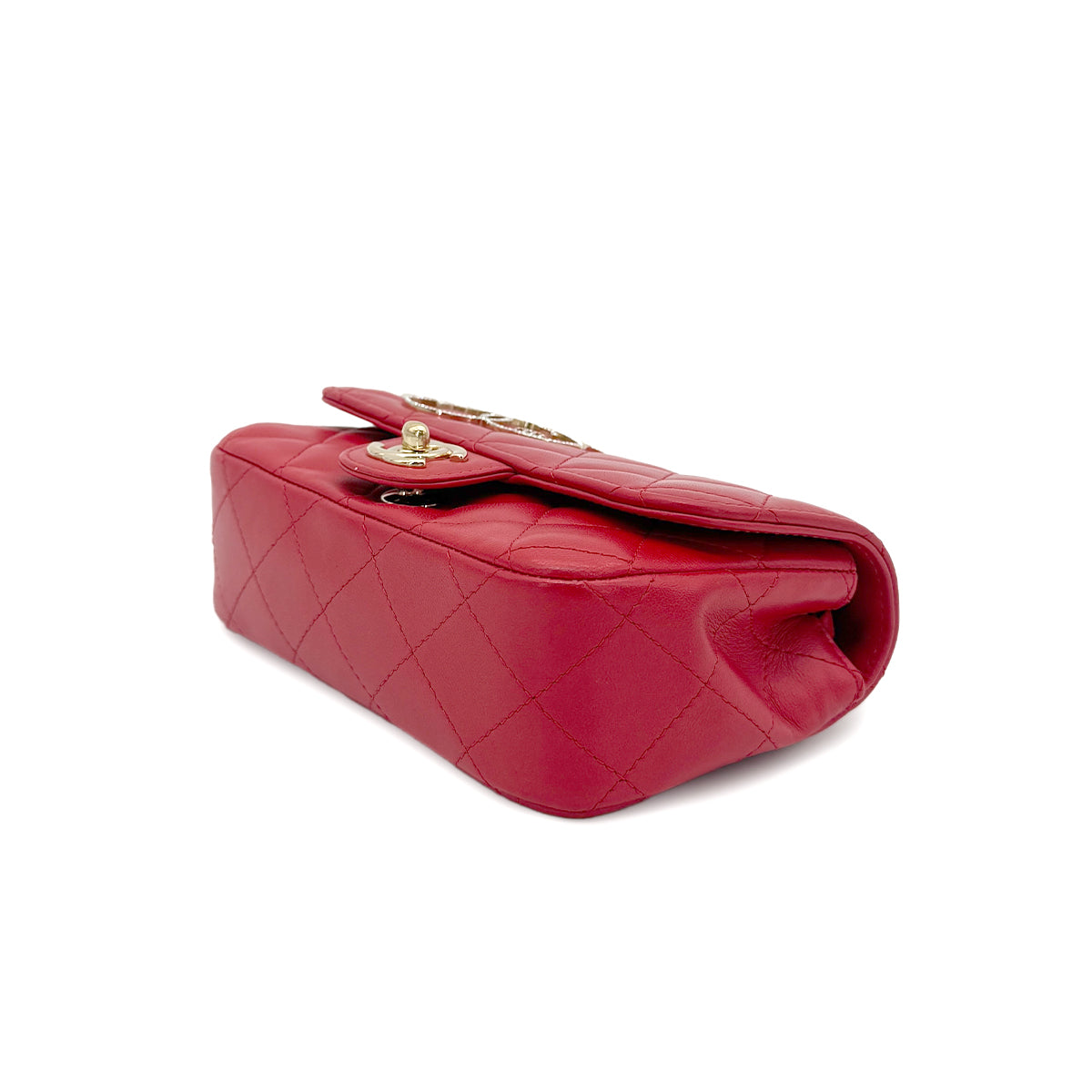 CHANEL MINI MATELASSE PEACE SIGN RHINESTONE CHAIN SHOULDER BAG RED LAMB SKIN 90275156