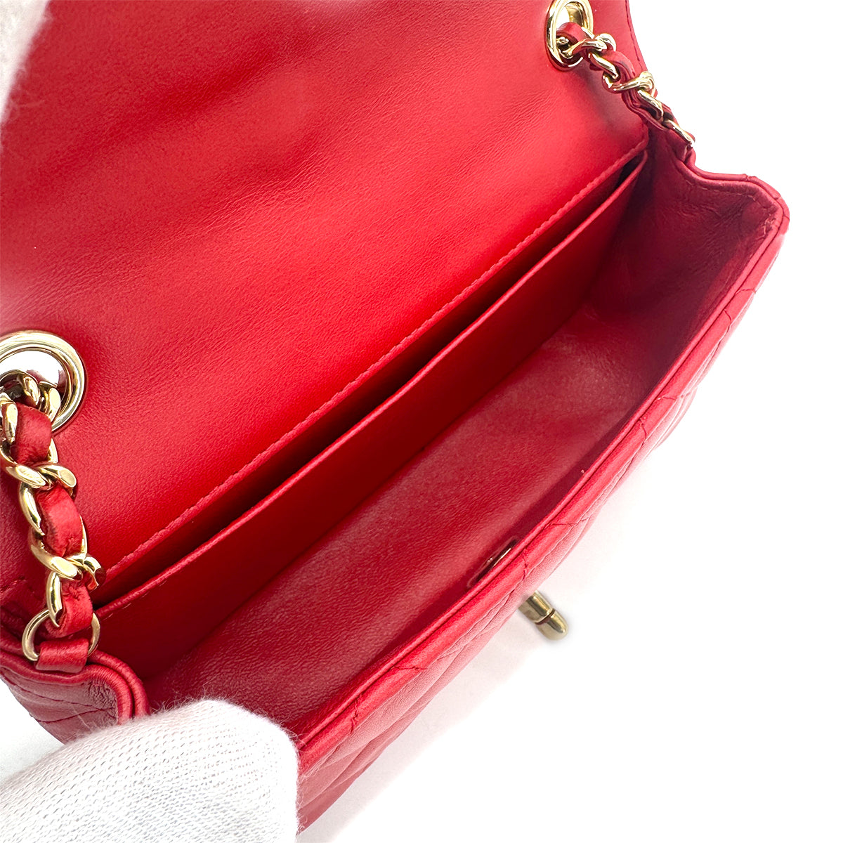 CHANEL MINI MATELASSE PEACE SIGN RHINESTONE CHAIN SHOULDER BAG RED LAMB SKIN 90275156