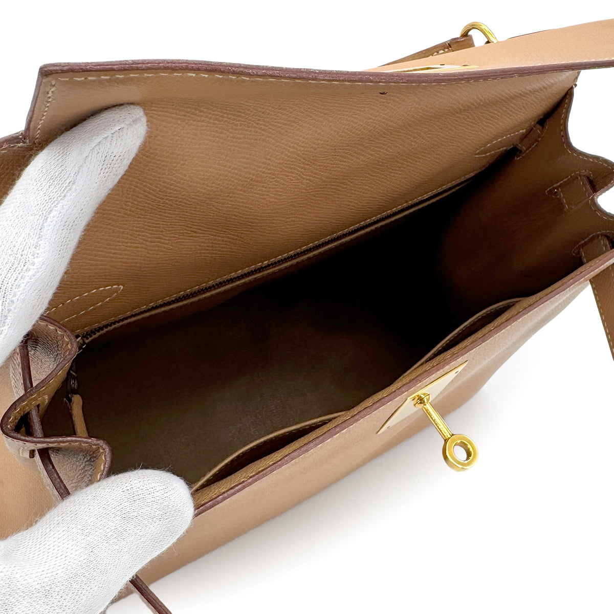 HERMES KELLY 28 SELLIER NATURAL COUCHEVEL HAND SHOULDER BAG □A GHW 90275158