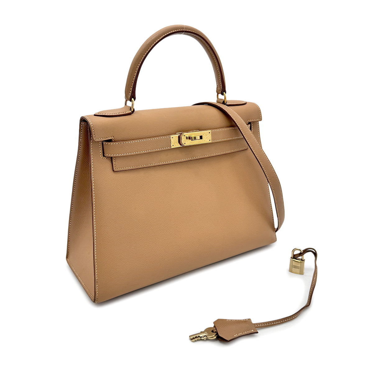 HERMES KELLY 28 SELLIER NATURAL COUCHEVEL HAND SHOULDER BAG □A GHW 90275158