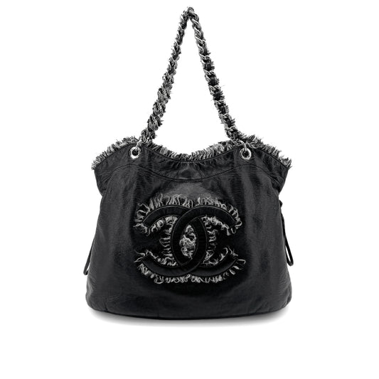CHANEL CHAIN TOTE BAG BIG COCO BLACK TWEED LEATHER 90275166