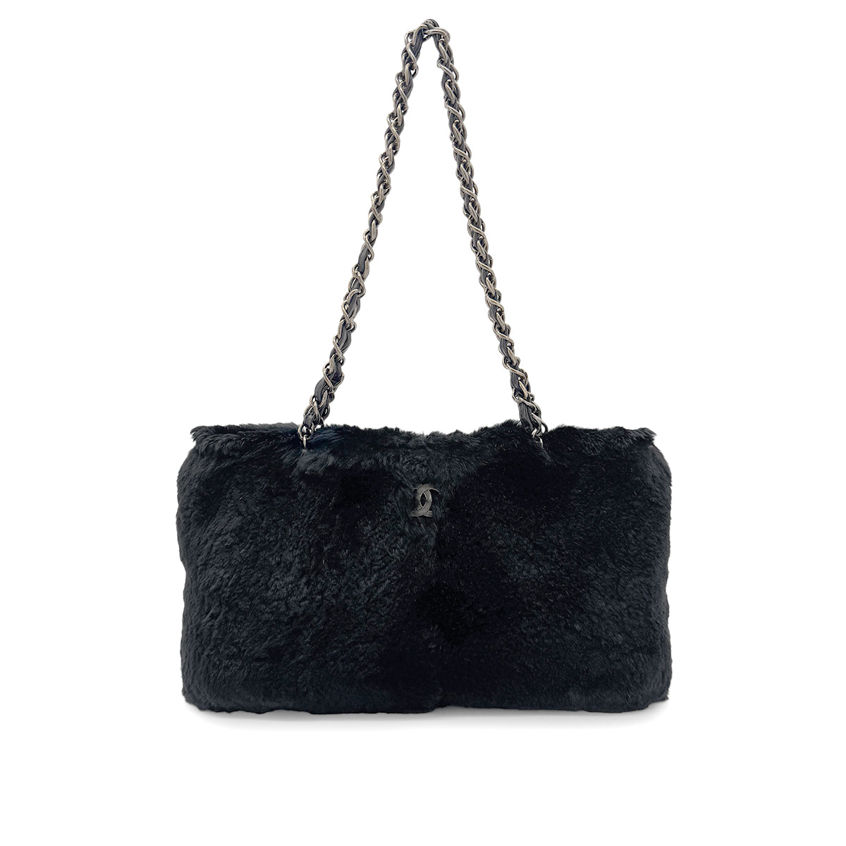 CHANEL VINTAGE CHAIN SHOULDER BAG BLACK LEATHER FUR 90275598