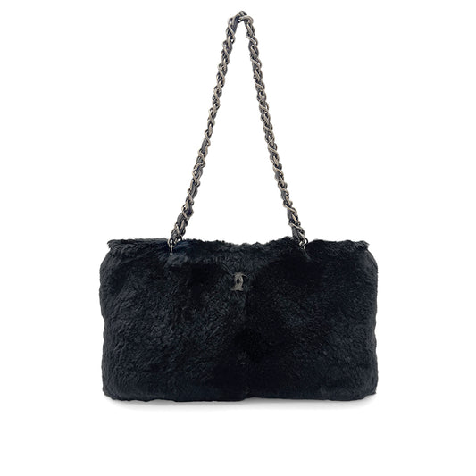 CHANEL VINTAGE CHAIN SHOULDER BAG BLACK LEATHER FUR 90275598