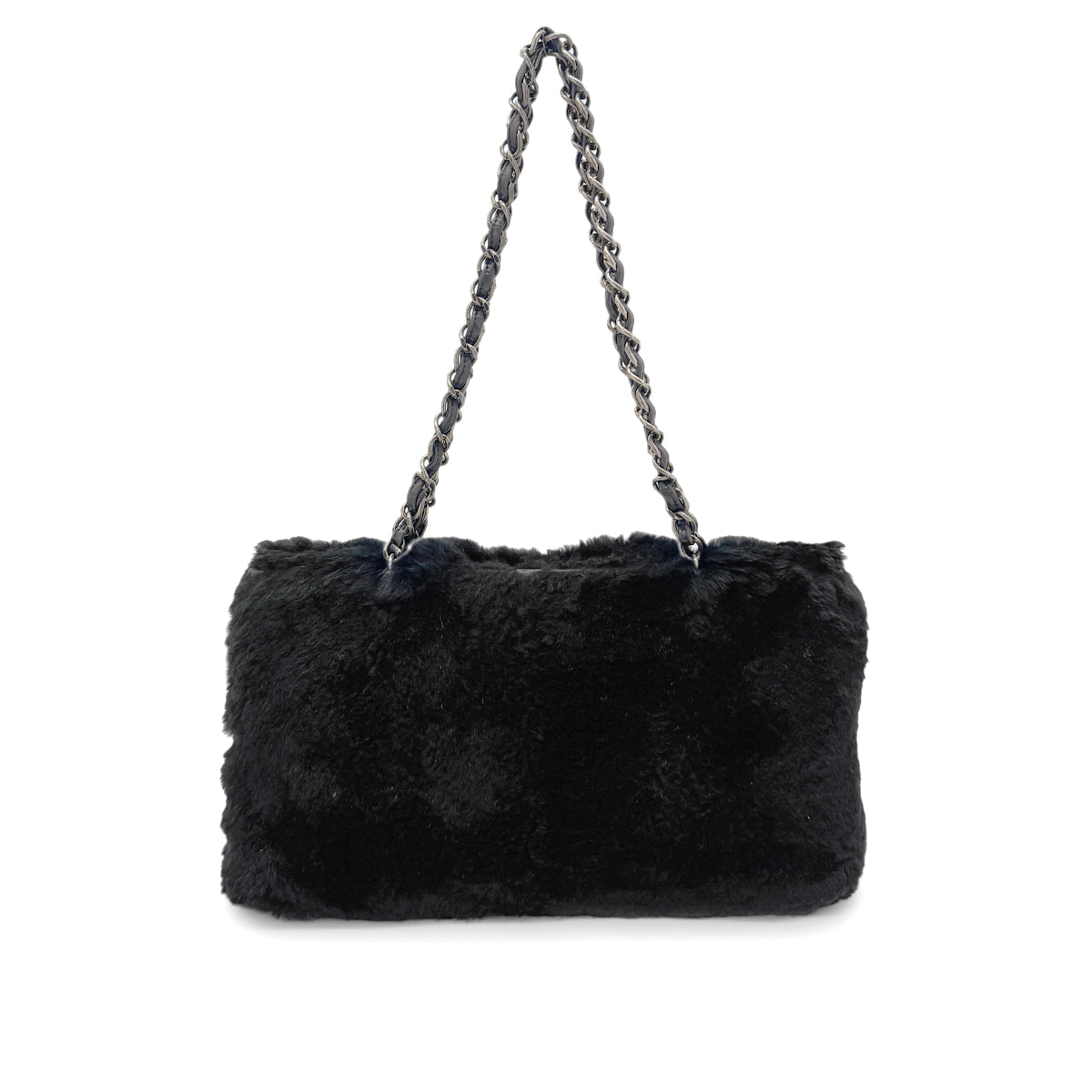 CHANEL VINTAGE CHAIN SHOULDER BAG BLACK LEATHER FUR 90275598