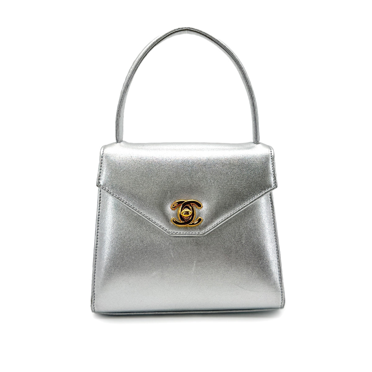 CHANEL VINTAGE HAND BAG SILVER LAMB SKIN 90275605