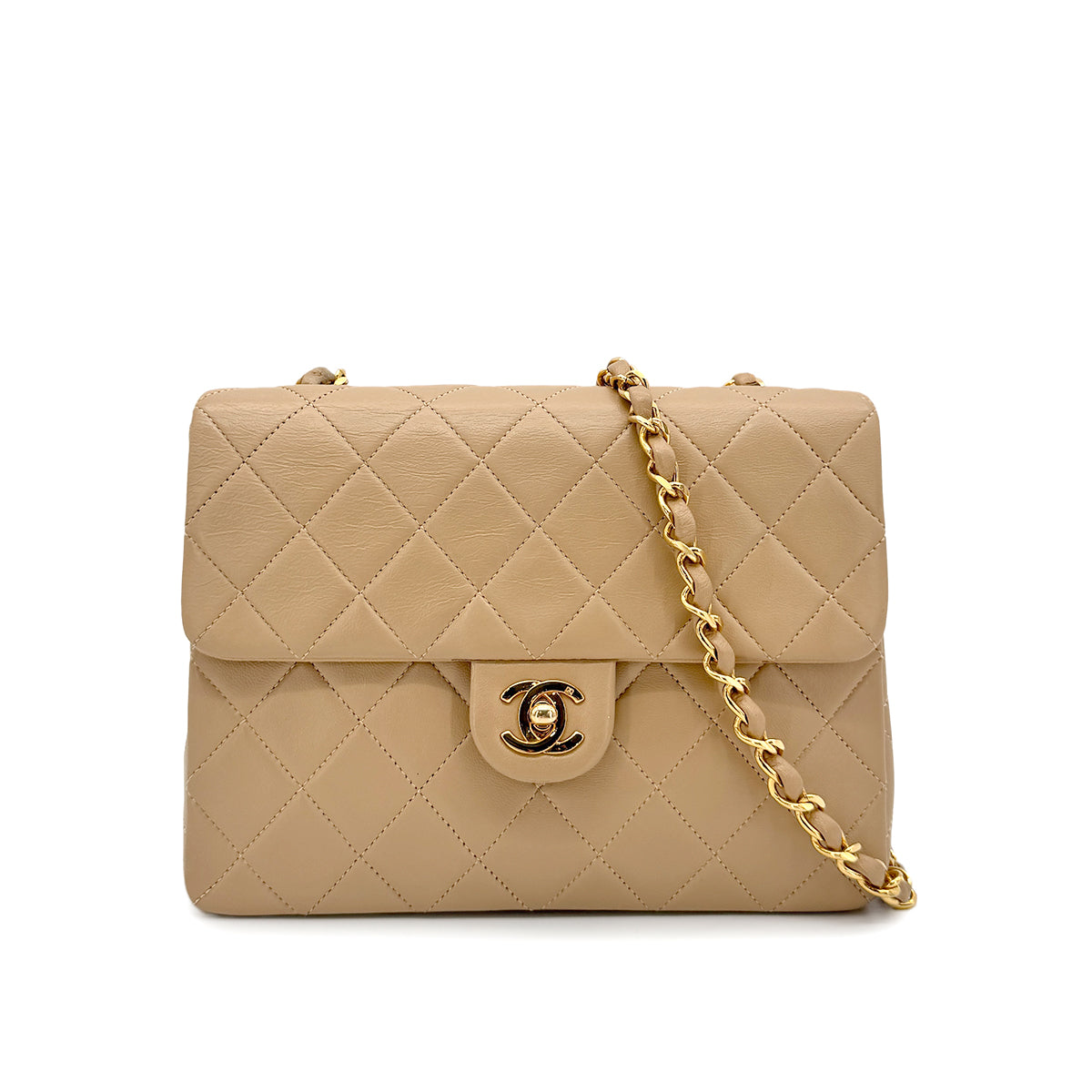 CHANEL VINTAGE MINI SQUARE 20 CHAIN SHOULDER BAG BEIGE LAMB SKIN 90275611