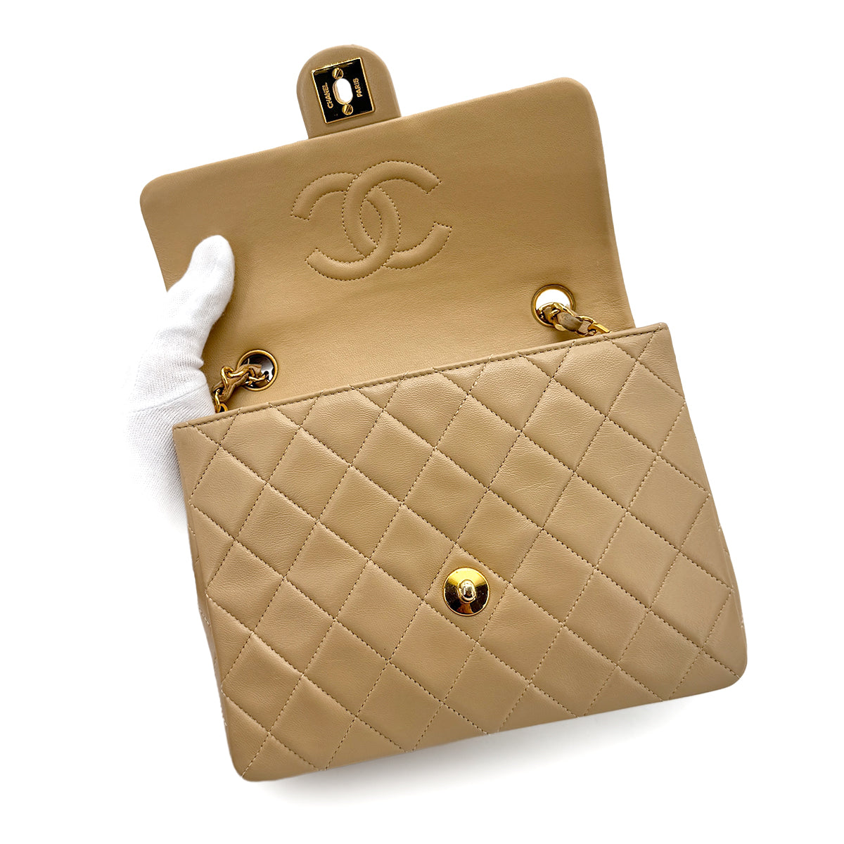CHANEL VINTAGE MINI SQUARE 20 CHAIN SHOULDER BAG BEIGE LAMB SKIN 90275611