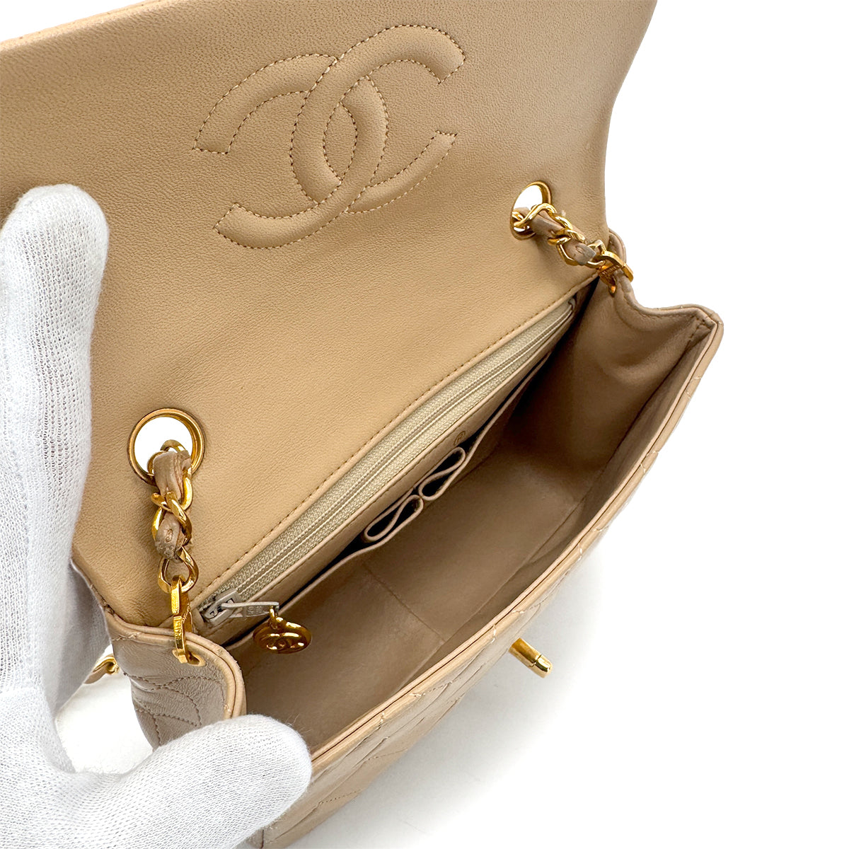 CHANEL VINTAGE MINI SQUARE 20 CHAIN SHOULDER BAG BEIGE LAMB SKIN 90275611