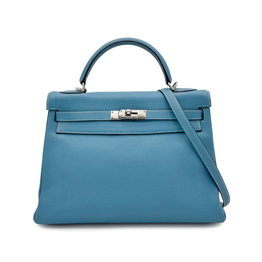 HERMES KELLY 32 RETOURNE BLUE JEAN EVERCOLOR HAND SHOULDER BAG □G SHW 90275612