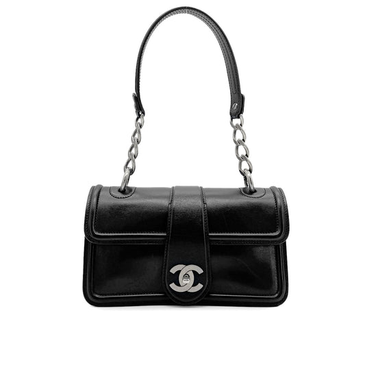 CHANEL VINTAGE TURN LOCK SHOULDER BAG BLACK CALF SKIN 90275620