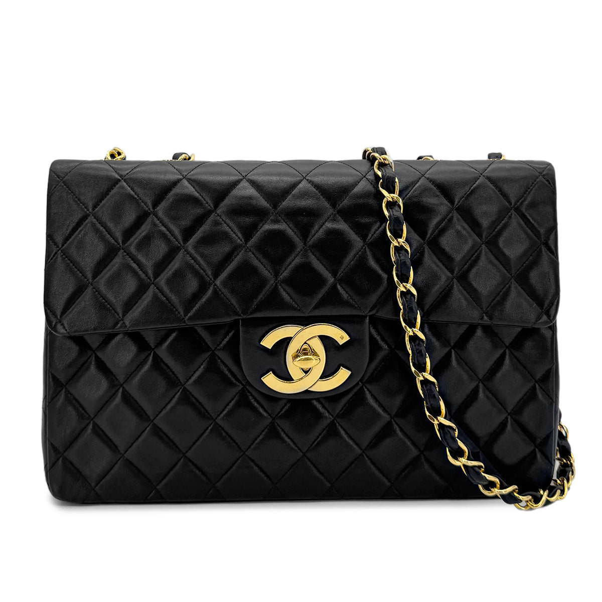 CHANEL VINTAGE MAXI MATELASSE 34 CHAIN SHOULDER BAG BLACK LAMB SKIN 90275623