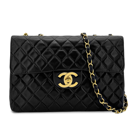 CHANEL VINTAGE MAXI MATELASSE 34 CHAIN SHOULDER BAG BLACK LAMB SKIN 90275623