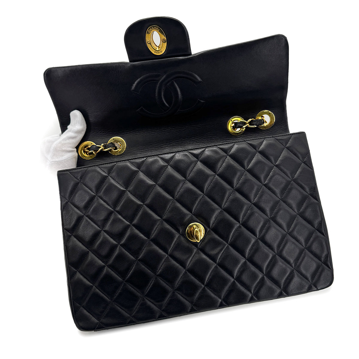 CHANEL VINTAGE MAXI MATELASSE 34 CHAIN SHOULDER BAG BLACK LAMB SKIN 90275623