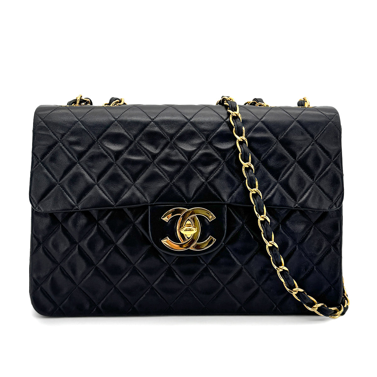 CHANEL VINTAGE MAXI MATELASSE 34 CHAIN SHOULDER BAG BLACK LAMB SKIN 90275784