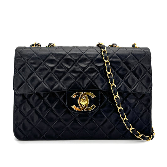 CHANEL VINTAGE MAXI MATELASSE 34 CHAIN SHOULDER BAG BLACK LAMB SKIN 90275784
