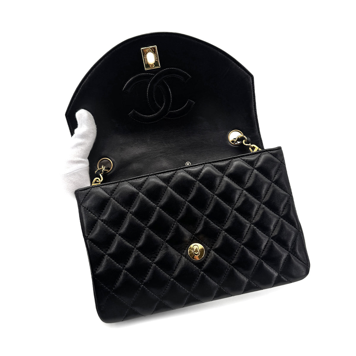 CHANEL VINTAGE HALF MOON CHAIN SHOULDER BAG BLACK LAMB SKIN 90275787