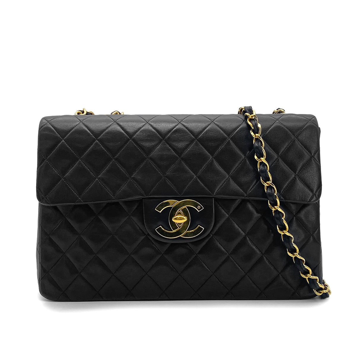 CHANEL VINTAGE MAXI MATELASSE 34 CHAIN SHOULDER BAG BLACK LAMB SKIN 90275902