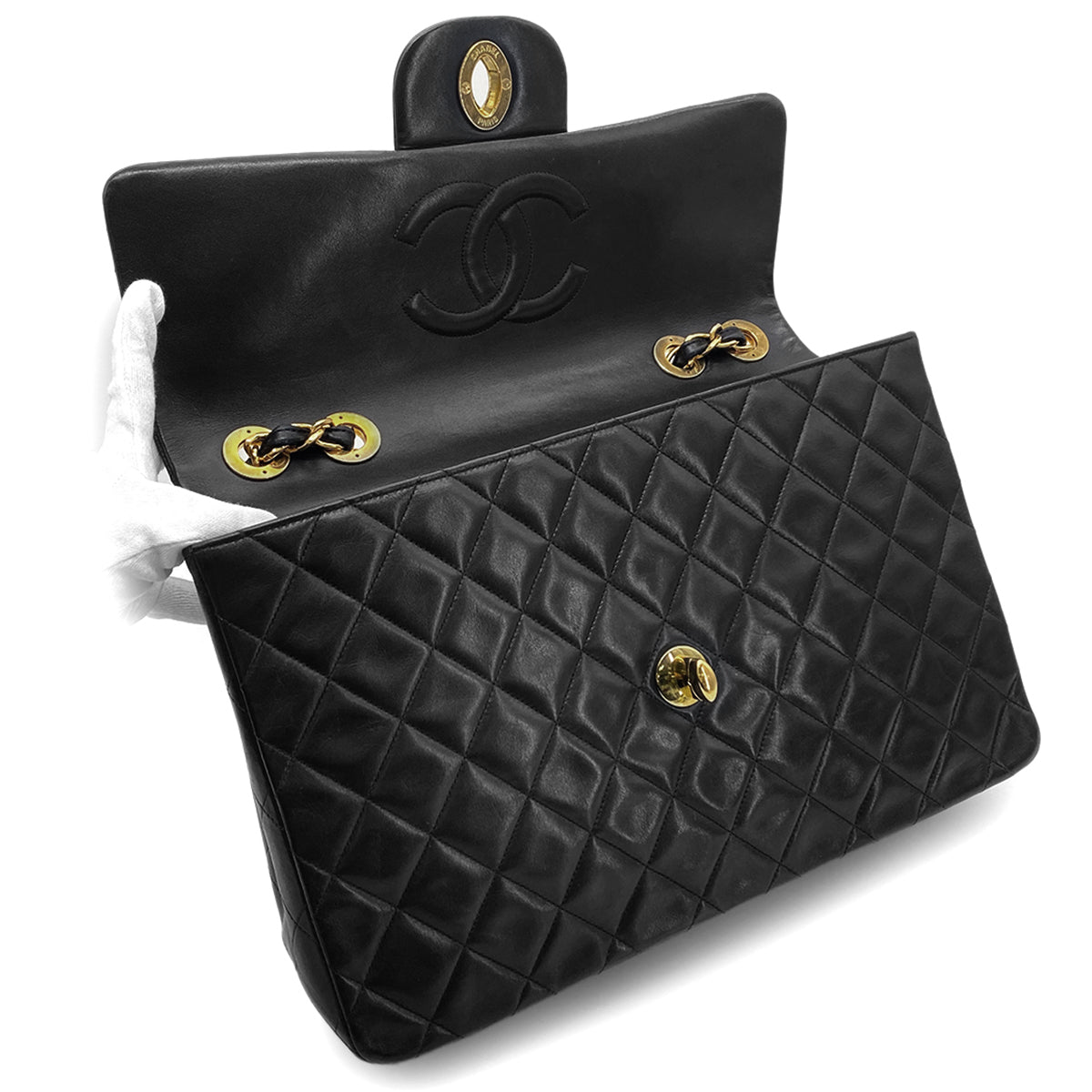 CHANEL VINTAGE MAXI MATELASSE 34 CHAIN SHOULDER BAG BLACK LAMB SKIN 90275902